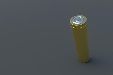 One glossy battery gold color aa or aaa size on gray background. Electricity and alternative energy cost concept . 3d rendering