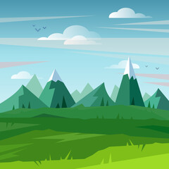 Green summer landscape with fields and mountains. Lovely rural nature. Unlimited space. Flat style illustration
