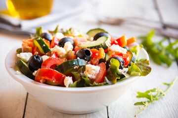Greek salad with vegetables and feta cheese, healthy vegetable meal