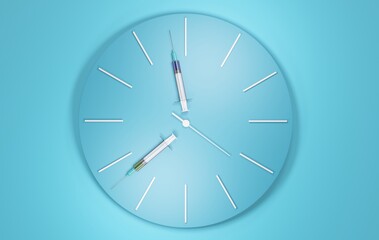 Blue clock on a blue wall with syringes as hands. Concept for waiting for a vaccine, 3d illustration