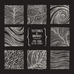 Hand drawn wavy linear textures made with ink. Artistic collection of graphic design elements. Swirl, circle, wavy stripe, abstract line, organic background, geometric pattern. Isolated vector set.