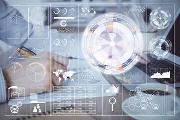 Businessman working on Laptop with technology theme drawing. Concept of big data. Double exposure.