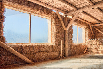 Straw house. Eco friendly home. Inside view