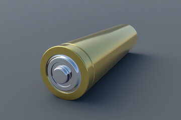 One glossy battery gold color aa or aaa size on gray background. Electricity and alternative energy cost concept . 3d rendering