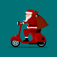 Santa Claus with a gift sack riding a scooter. Christmas holiday design