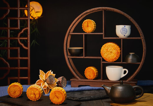View of mooncakes on a table set up