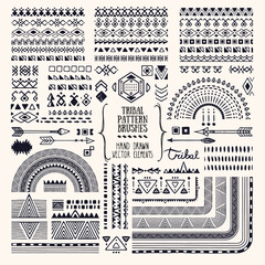 Hand drawn ethnic brushes, patterns, textures. Artistic vector collection of design elements, tribal geometric ornament, aztec style, native americans' fabric. Pattern brushes are included in EPS. - obrazy, fototapety, plakaty