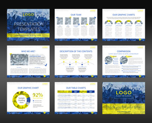 Fototapeta na wymiar Presentation templates and business brochures. Layout design. Low-poly style illustration - blue and yellow version