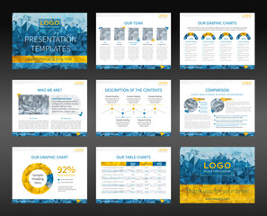 Fototapeta na wymiar Presentation templates and business brochures. Layout design. Low-poly style illustration - cyan and yellow version