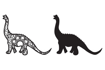 Dinosaur brontosaurus mandala and silhouette isolated in white background. Dinosaur Mandala cut file.