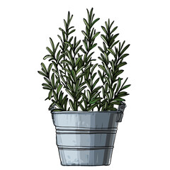 Rosemary. Spicy Italian herbs in a pot. Sketch of houseplant line on a white background.
