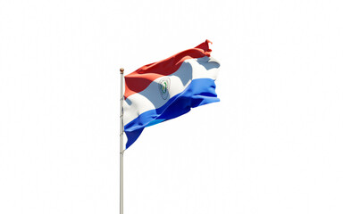 National state flag of Paraguay fluttering at sky background.