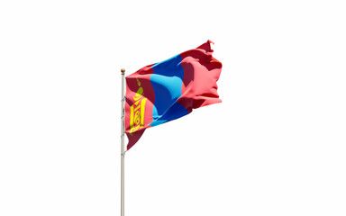 National state flag of Mongolia fluttering at sky background.