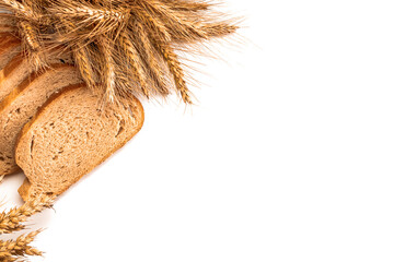 Rye bread isolated. Bakery with crusty loaves and crumbs. Fresh loaf of rustic traditional bread...