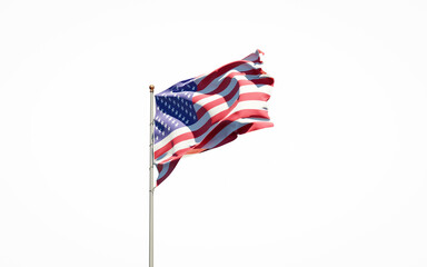Fototapeta premium Beautiful national state flag of USA America on white background. Isolated close-up USA America flag 3D artwork.