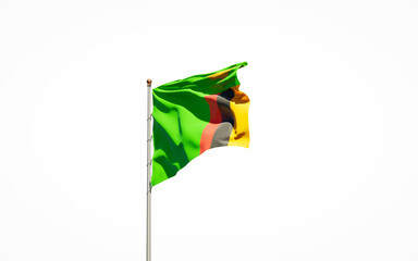 Beautiful national state flag of Zambia on white background. Isolated close-up Zambia flag 3D artwork.