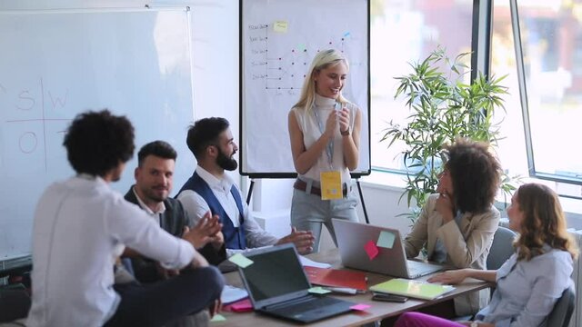 Young multi ethnic colleagues having a seminar meeting in the office
