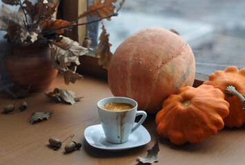 A cup of coffee, dry oak leaves and acorns, pumpkins on the windowsill. Old wooden window.