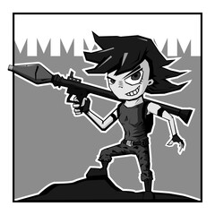 Anime military girl with a grenade launcher on a wall background. Black and white illustration. Vector character