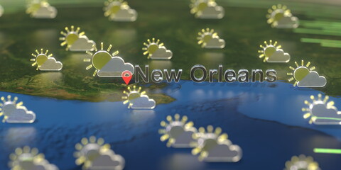 Partly cloudy weather icons near New orleans city on the map, weather forecast related 3D rendering
