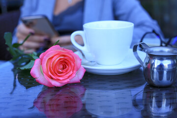 Fresh luxurious pink rose on the table against the background of a cup of coffee, a vessel with milk and the silhouette of a girl in a blue jacket with a phone