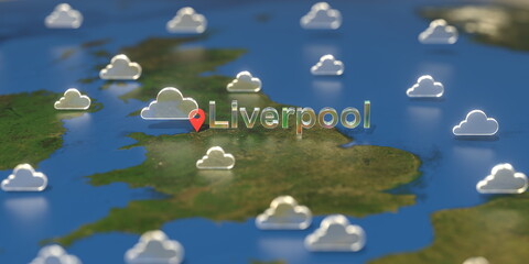 Cloudy weather icons near Liverpool city on the map, weather forecast related 3D rendering