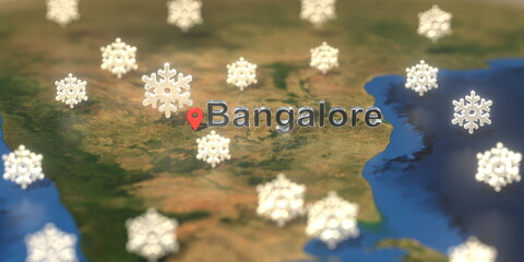 Snowy weather icons near Bangalore city on the map, weather forecast related 3D rendering