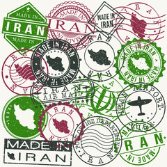 Iran Set of Stamps. Travel Passport Stamp. Made In Product. Design Seals Old Style Insignia. Icon Clip Art Vector.