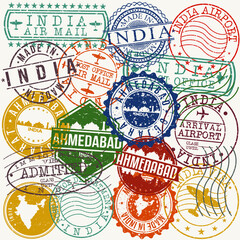 Ahmedabad India Set of Stamps. Travel Stamp. Made In Product. Design Seals Old Style Insignia.