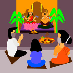 Vector of Indian family celebrating Diwali festival with wearing medical face mask, Goddess Laxmi & Lord Ganesha pooja during festival.