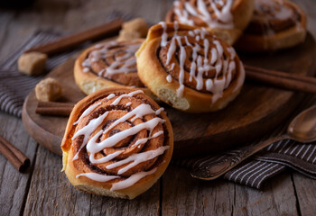 Fresh home baked sweet cinnamon buns with frosting