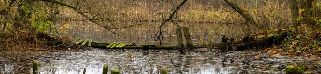 Broken down wooden bridge over water, Panorama