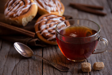 Fresh home baked sweet cinnamon buns with frosting
