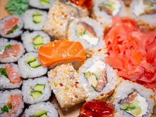 All kinds of sushi with pink pickled ginger