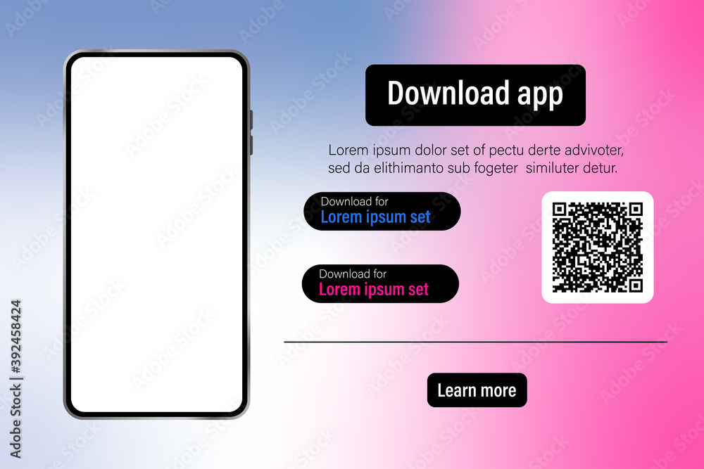 Poster page banner advertising for downloading an app for mobile phone. download buttons with scan qr code 