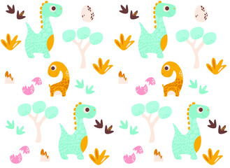 Obraz premium background with dinosaurs, vector illustration (dino, eggs, trees, footprints, volcano)