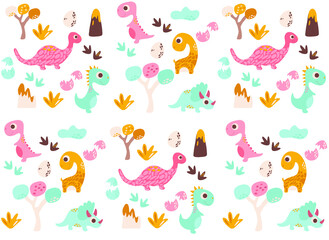 background with dinosaurs, vector illustration (dino, eggs, trees, footprints, volcano)