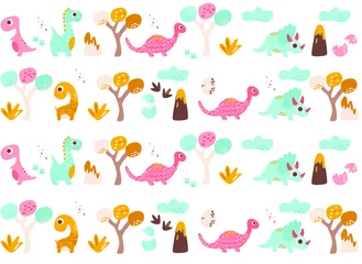 Papier Peint photo Licornes fond avec des dinosaures, illustration vectorielle (dino, œufs, arbres, empreintes de pas, volcan)