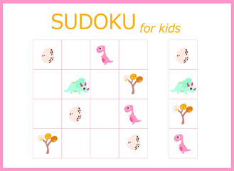 Fototapeta na wymiar sudoku for kids with dinosaurs. Sudoku. Children's puzzles. Educational game for children. colored dinosaurs