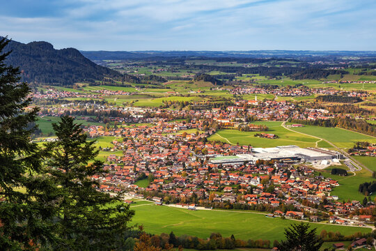 Aerial view of Pfronten village in the Bavarian Alps, Allgau, Germany