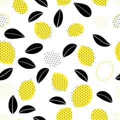 Tropical seamless pattern with yellow lemons and lemon slices. Scandinavian style on white background. Fruit repeated background.Bright print for fabric, wallpaper, design, party paper.
