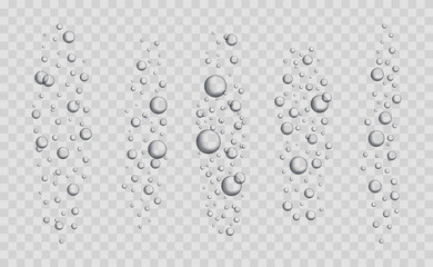 Fizzing air bubbles underwater on transparent background. Realistic water bubbles. Bubbles for fizzy drinks, sparkling champagne and tablet, water soluble.