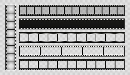 Film strip set. Blank stripes cinema on transparent background. Vector templates.