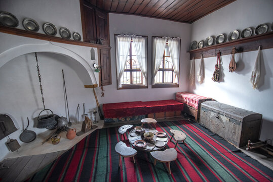 TRYAVNA, BULGARIA - February 26, 2019: Interior of Museum and School of Carving and Ethnographic Art. Traditional Bulgarian house interior of the 19th century