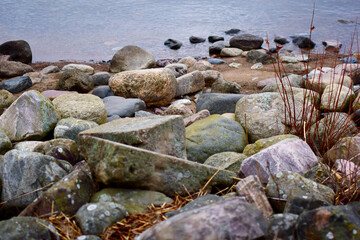 artifacts, megalithic stone blocks on the seashore