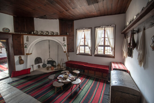 TRYAVNA, BULGARIA - February 26, 2019: Interior of Museum and School of Carving and Ethnographic Art. Traditional Bulgarian house interior of the 19th century