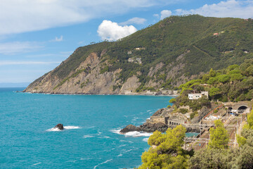 Fototapeta premium High angle view of Framura, a small town near La Spezia, Liguria, Italy