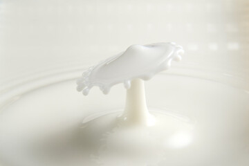 A drop of milk falls down. Abstract blue red background.