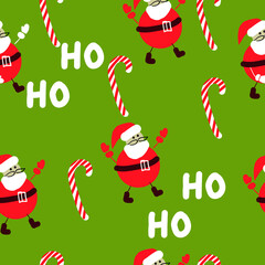 Beautiful winter seamless pattern for gift boxes. Warm and cozy combination of Christmas colors. New year 2021 pattern with and Santa Clause on a green background with Candy and with lettering Ho ho