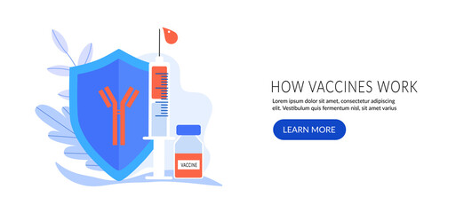 Vaccination concept. Landing page template, banner, icon. Modern immunization concept for web design with syringe, vaccine, bottle, antibodies and virus. Flat vector illustration, isolated objects.